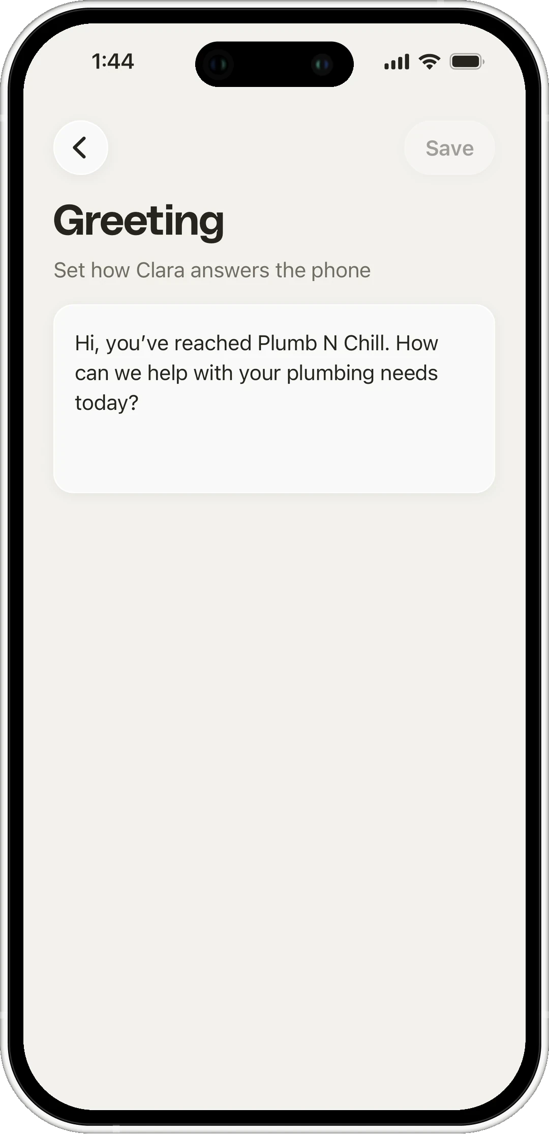 The Clara greeting screen, showing the line Clara opens every call with
