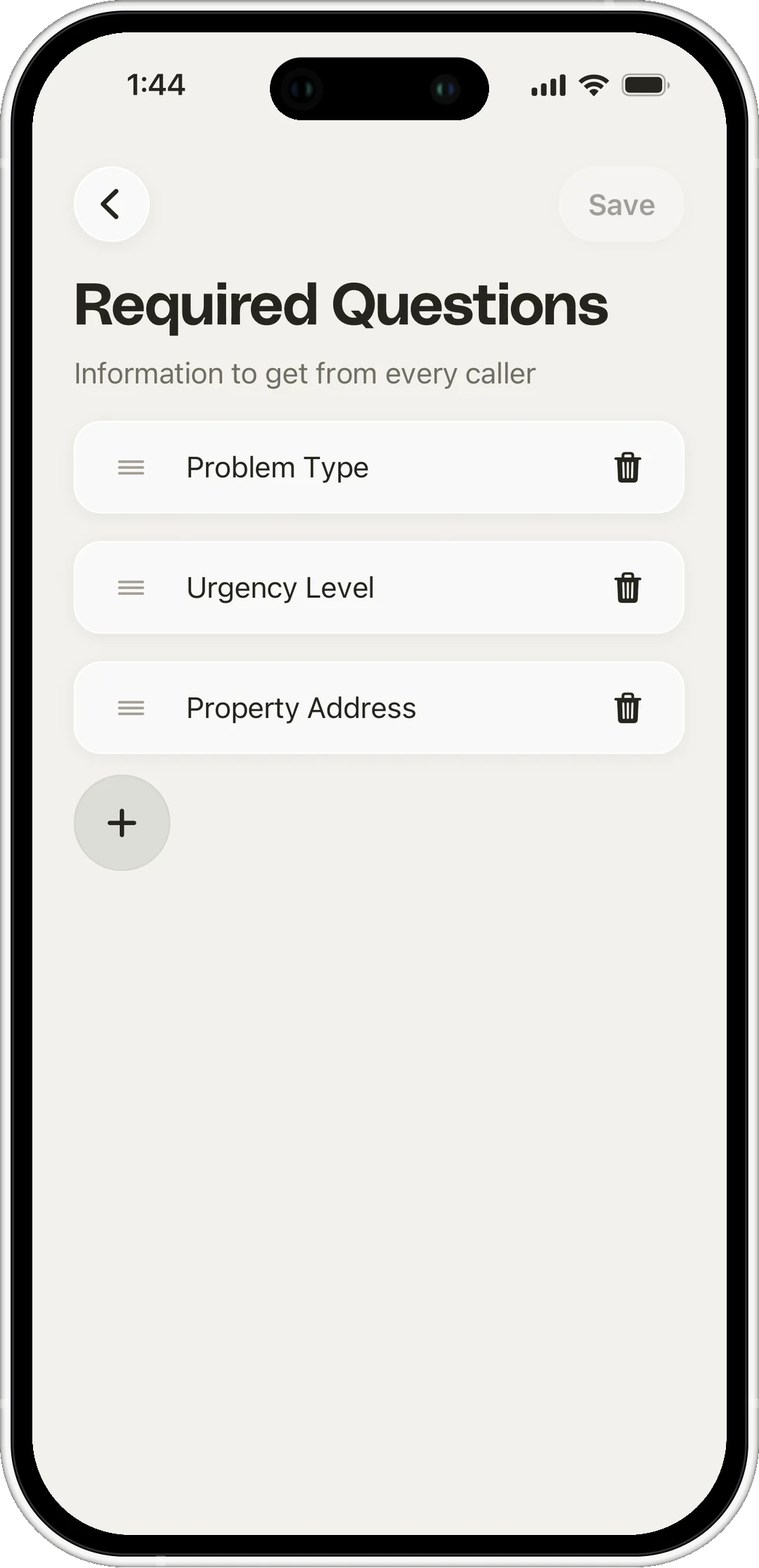 The Clara required questions screen, listing problem type, urgency and property address