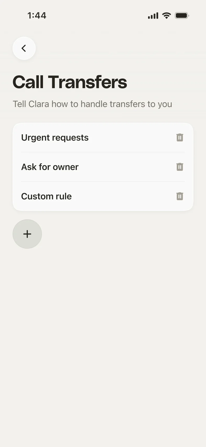The Call Transfers list showing three saved rules, each with a trash icon