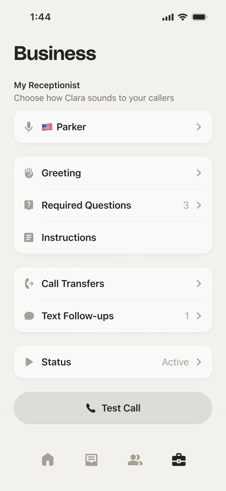 The Business tab showing My Receptionist with the Status row set to Active