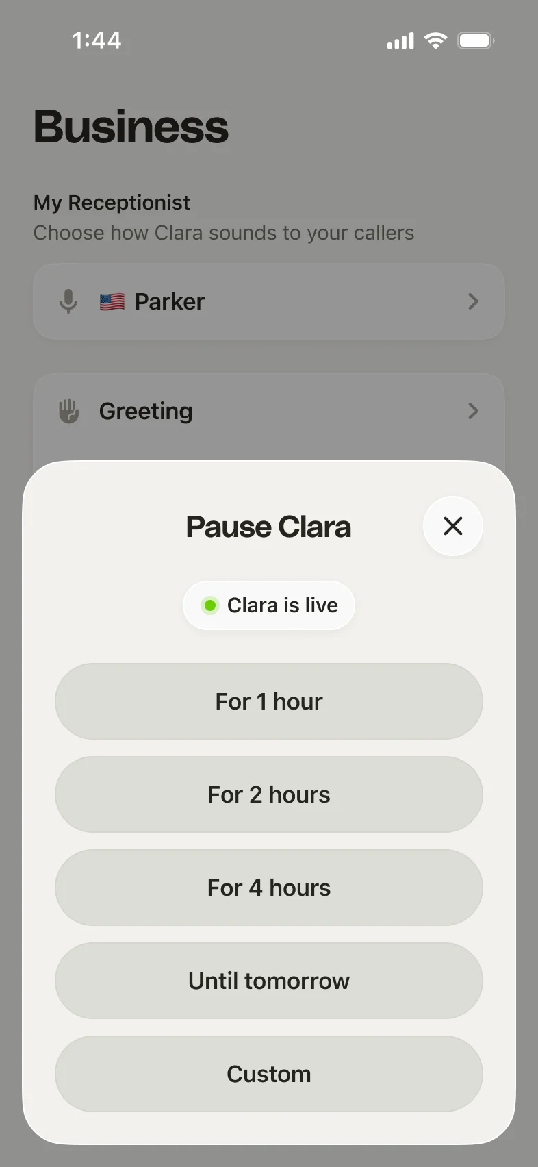The Pause Clara menu with duration options
