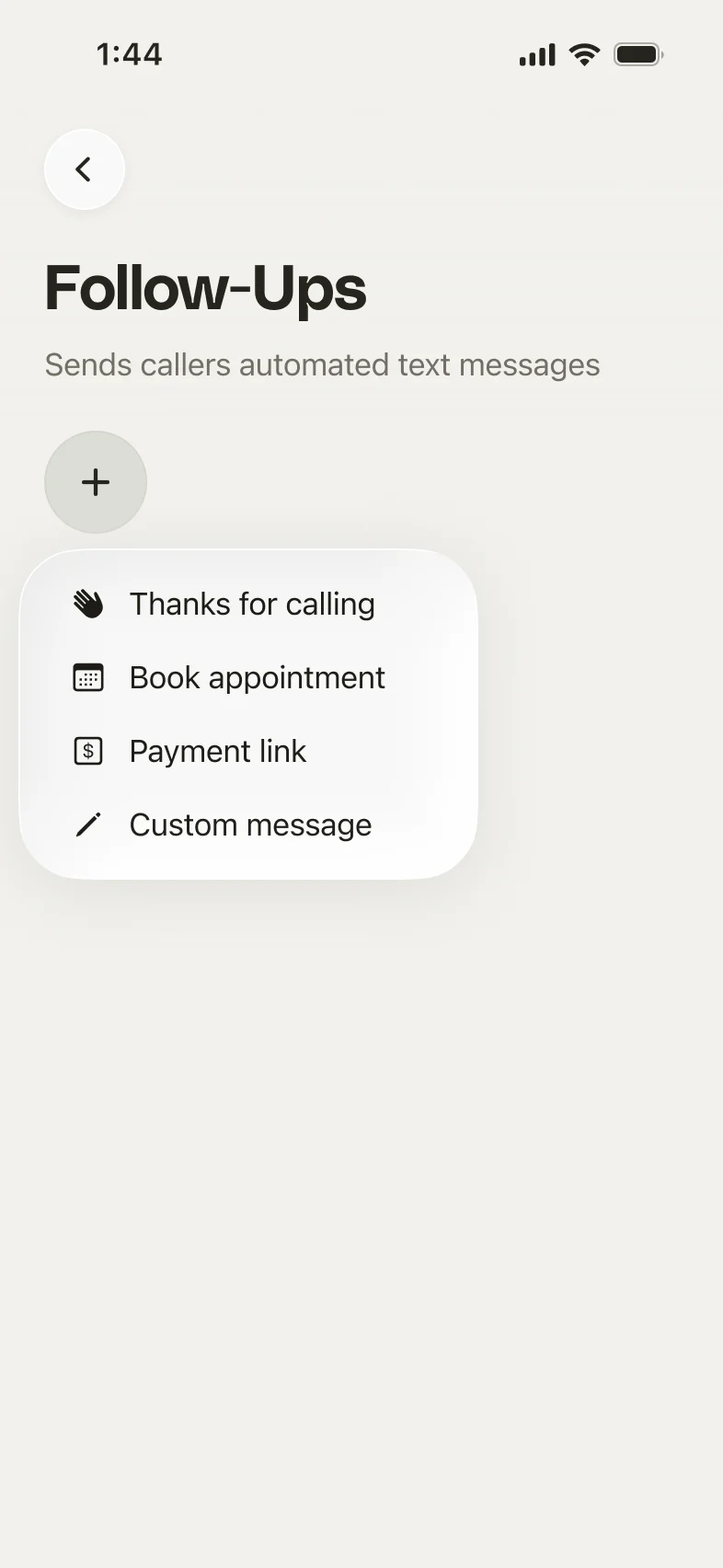 The follow-up type menu with Thanks for calling, Book appointment, Payment link, and Custom message